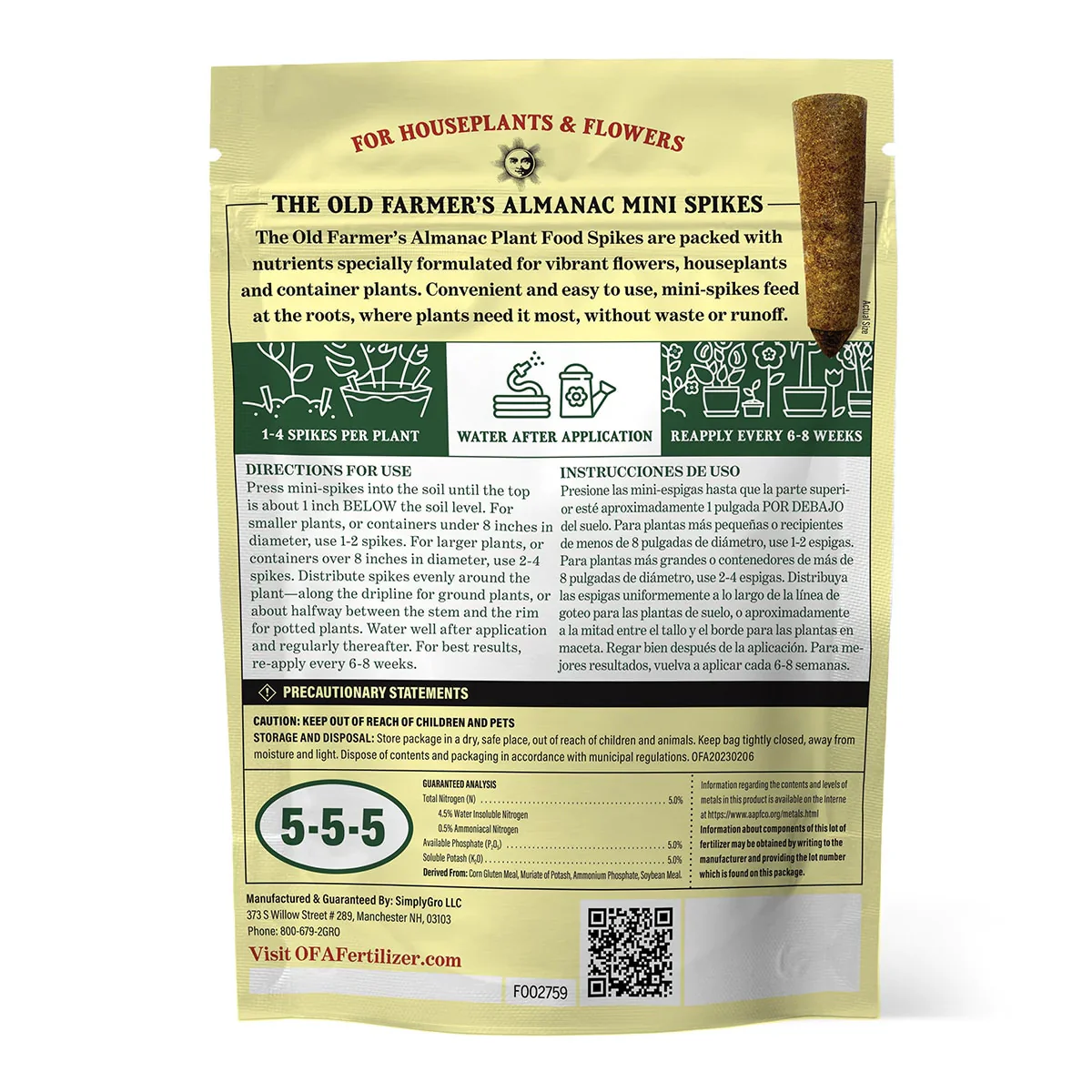The Old Farmer's Almanac Houseplant & Flower 5-5-5 Plant Food Spikes (12 Mini Spikes) - Image 5