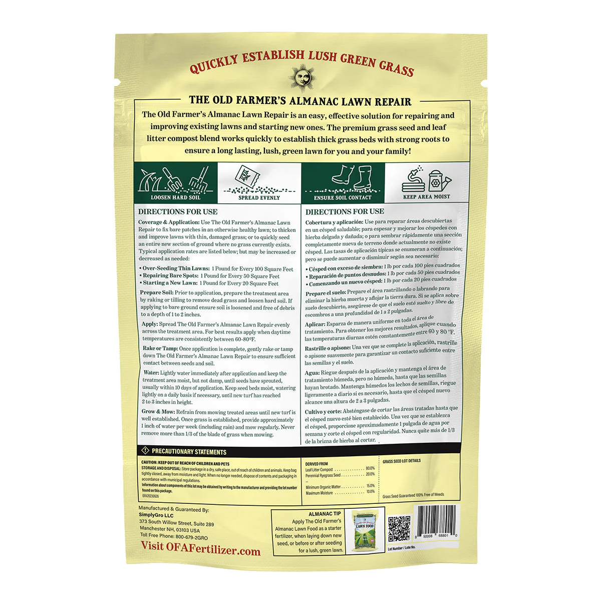 The Old Farmer's Almanac Lawn Repair Premium Grass Seed & Compost Blend - 1lb. Bag - Image 3