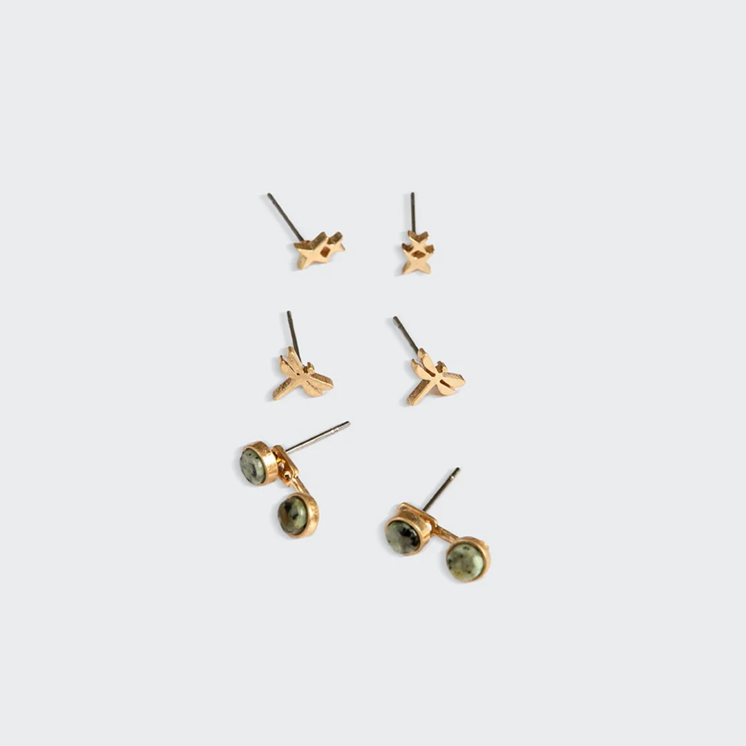 Stud Trio Ear Jacket Set - Gold Dragonfly + African Turqoise - Image 3