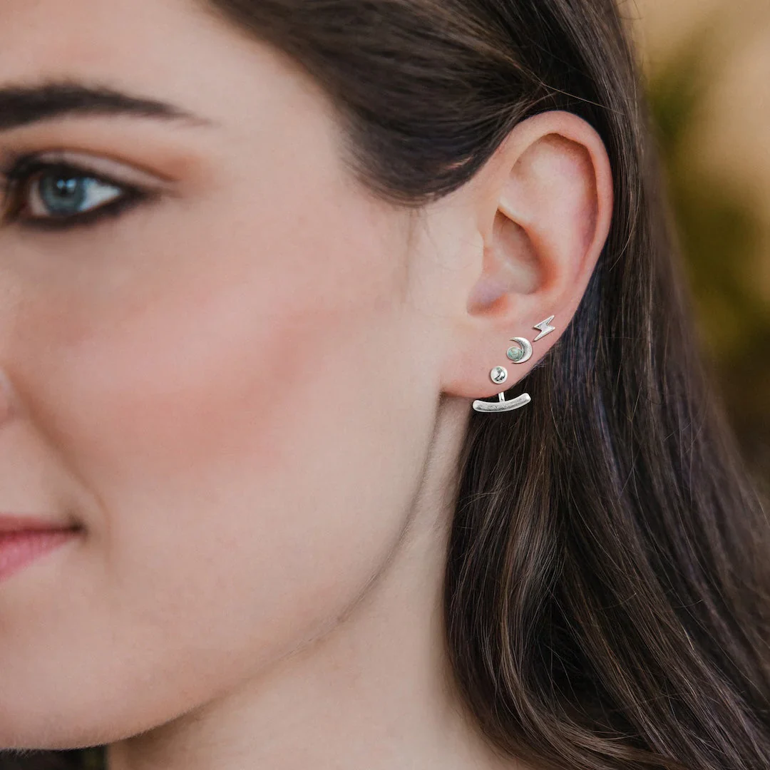Stud Trio Ear Jacket Set - Silver Moon + Turquoise - Image 2
