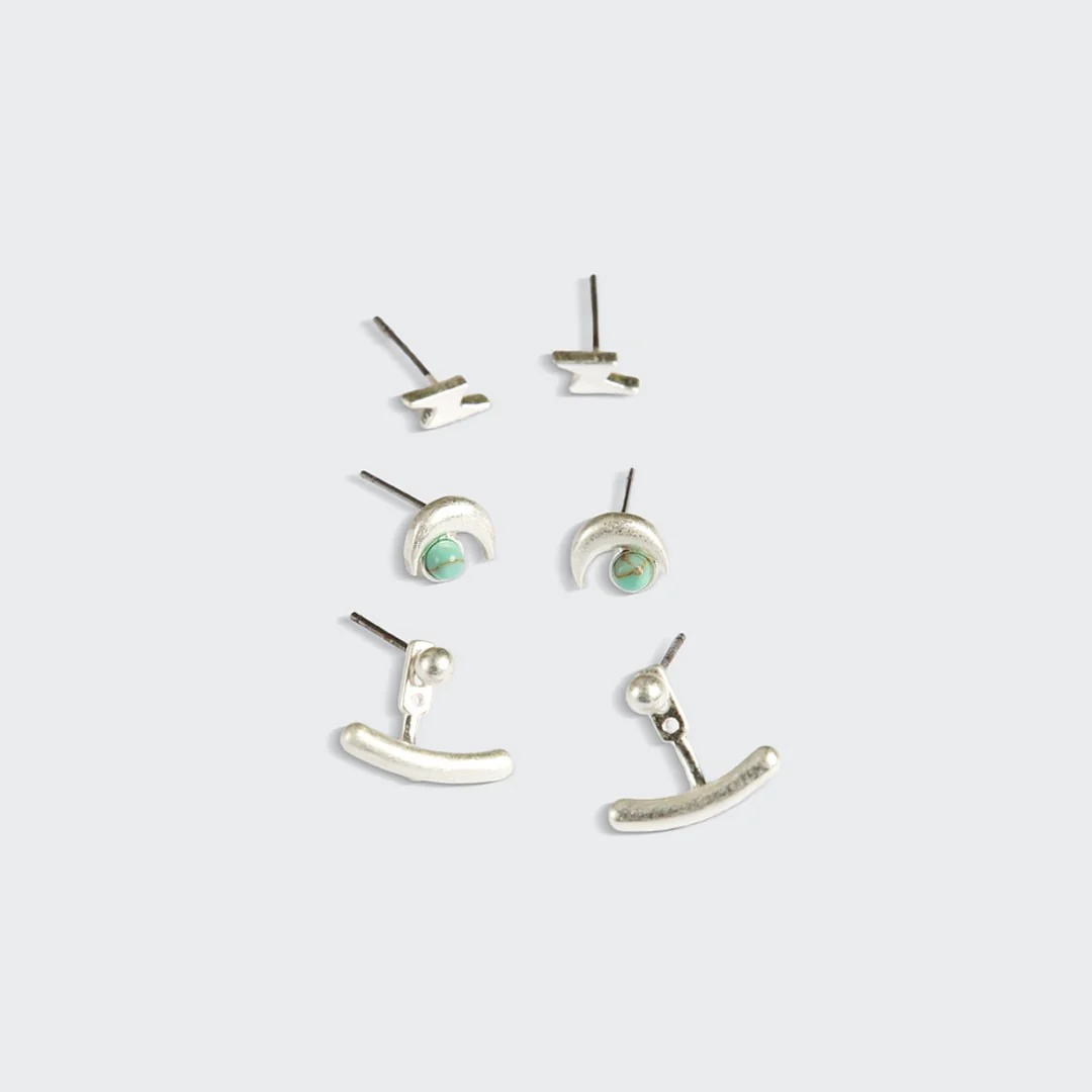 Stud Trio Ear Jacket Set - Silver Moon + Turquoise - Image 3